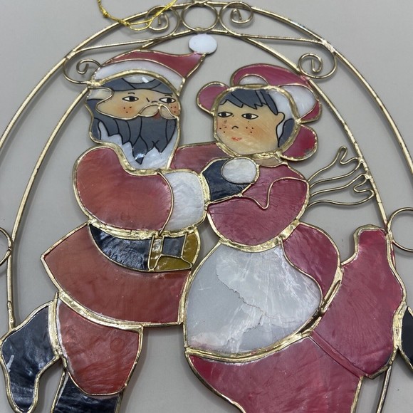 Vintage Capiz Shell Christmas Sun Catcher Santa and Mrs. Claus Holiday Decor - Picture 2 of 11